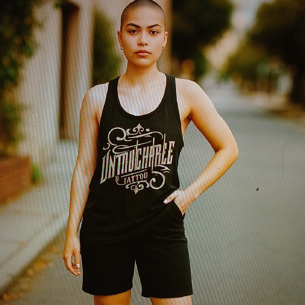 Gold and Black Tank Top with Decorative Typography